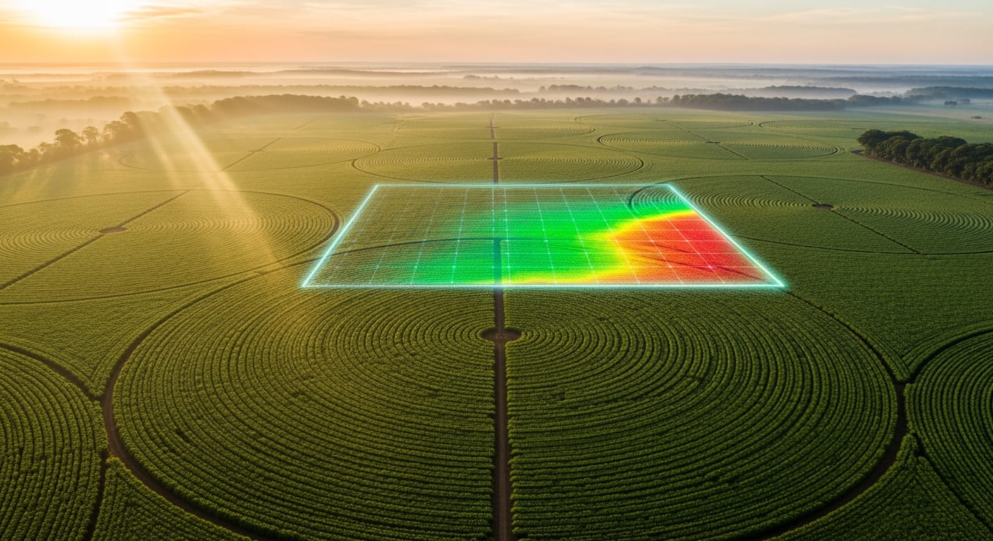Vista aérea de campo verde ao amanhecer dourado, no interior do Brasil